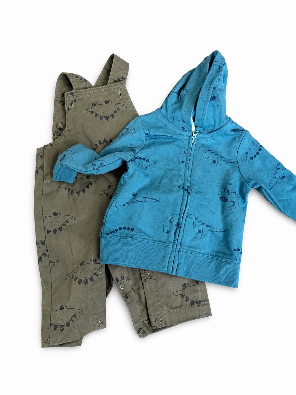 Baby Dino Print Hoodie & Overalls Set - Teal & Olive